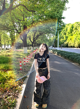 豹纹kitty猫黑色正肩短袖t恤女夏设计感小众辣妹美式修身短款上衣