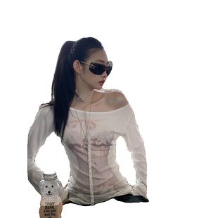 创意胸衣印花白色长袖t恤女夏季2024新款甜辣妹修身显瘦防晒上衣