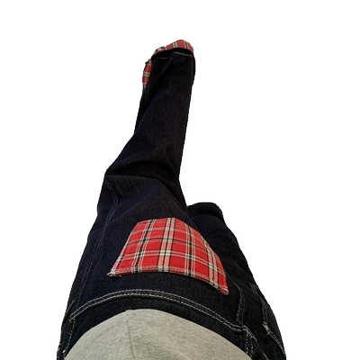 美式复古格子拼接设计感牛仔裤女