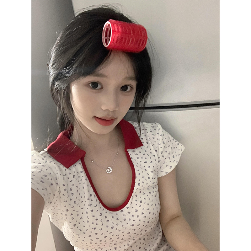 纯欲碎花POLO撞色U领短袖t恤女
