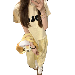 贴布字母正肩t恤女夏季多巴胺短袖小个子宽松修身设计感短款上衣