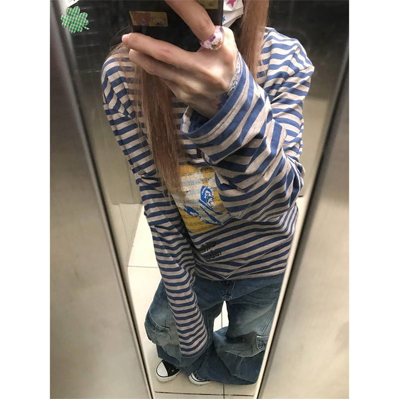 美式polo领条纹撞色印花长袖t恤女春季新款复古潮牌情侣打底上衣