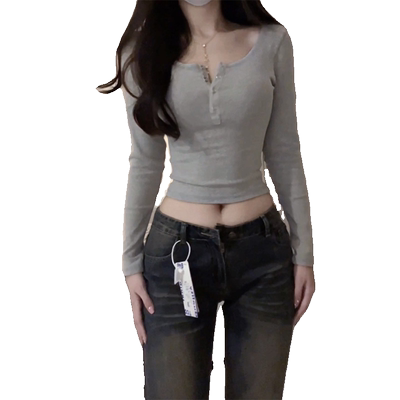 甜辣妹灰色V领排扣长袖t恤女春秋