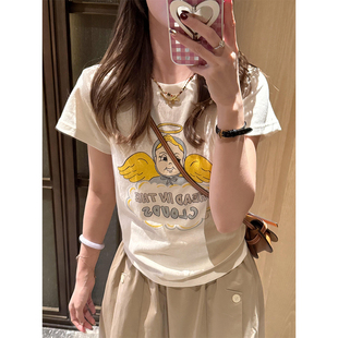 设计感正肩修身 新款 上衣 t恤女2026夏季 韩系甜美风小天使印花短袖