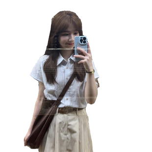 法式蓝白条纹短袖衬衫女夏季2025新款小个子别致绝美小衫气质上衣