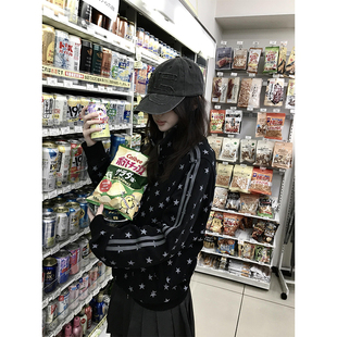 宽松情侣装 卫衣女秋冬新款 加绒立领外套 复古星星满印黑色开衫 美式