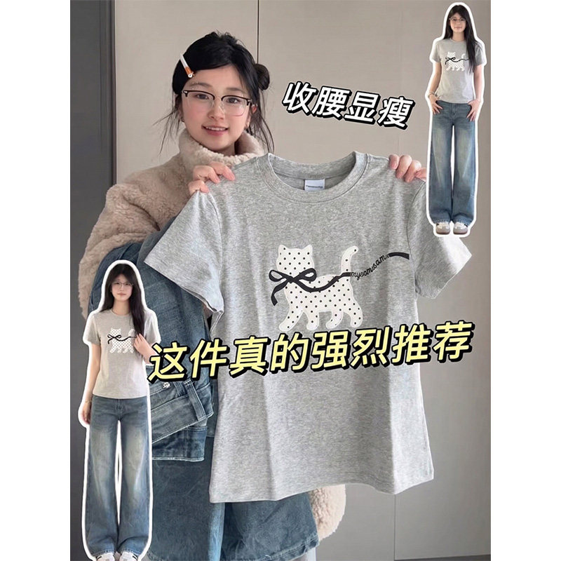 韩系波点小狗蝴蝶结刺绣短袖t恤女夏季新款正肩显瘦修身收腰上衣
