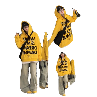 2025秋冬新款oversize连帽黄色卫衣女宽松字母印花美式慵懒风外套