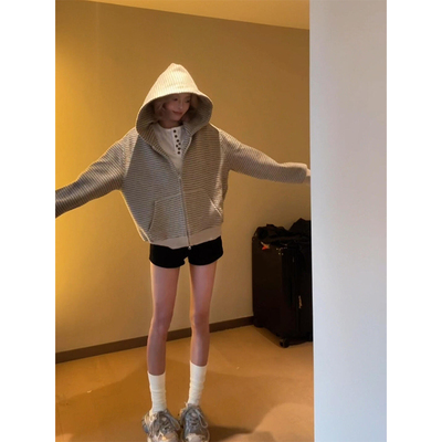 美式复古慵懒条纹连帽拉链外套女