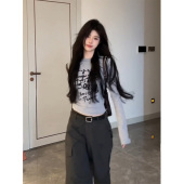 美式 t恤女春秋冬紧身打底内搭显瘦辣妹上衣 复古插肩涂鸦印花长袖