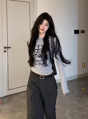 美式复古插肩涂鸦印花长袖t恤女春秋冬紧身打底内搭显瘦辣妹上衣