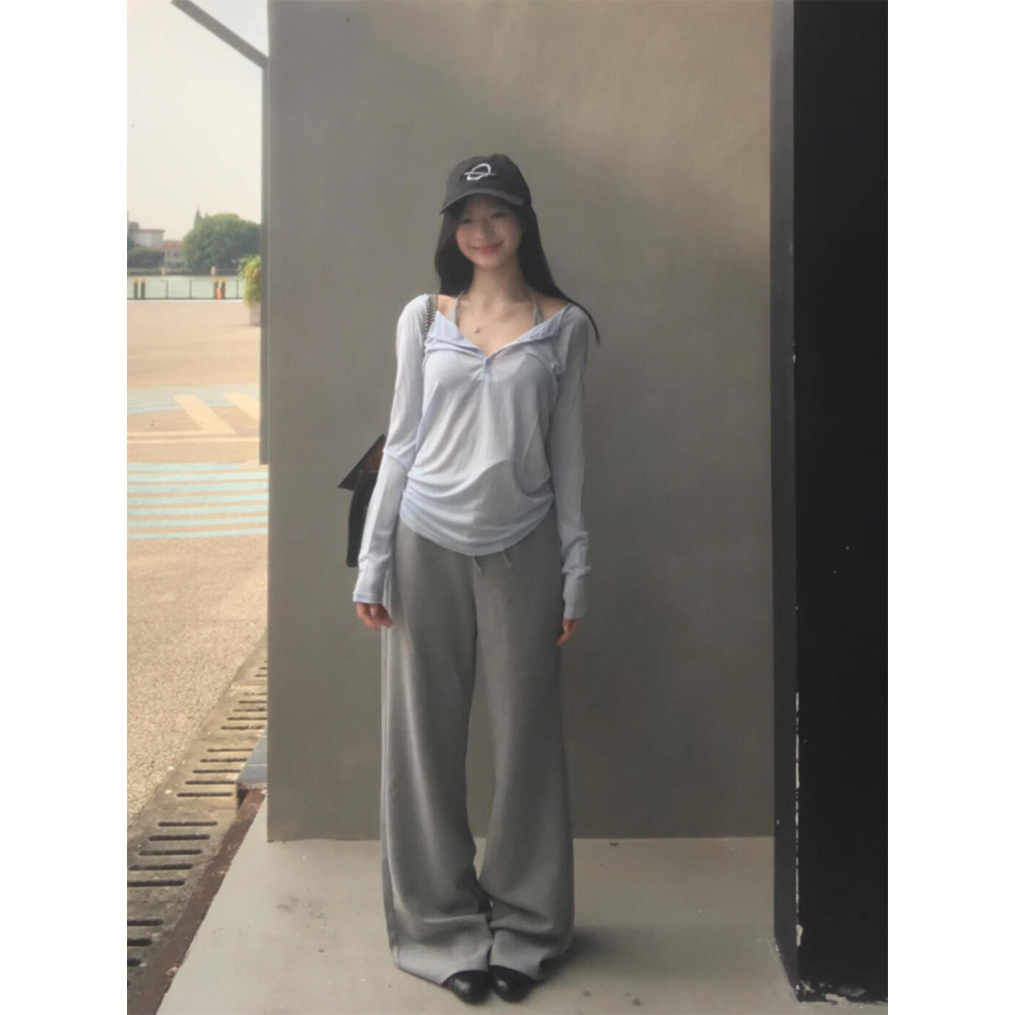 韩系亨利领长袖罩衫T恤女两件套图片