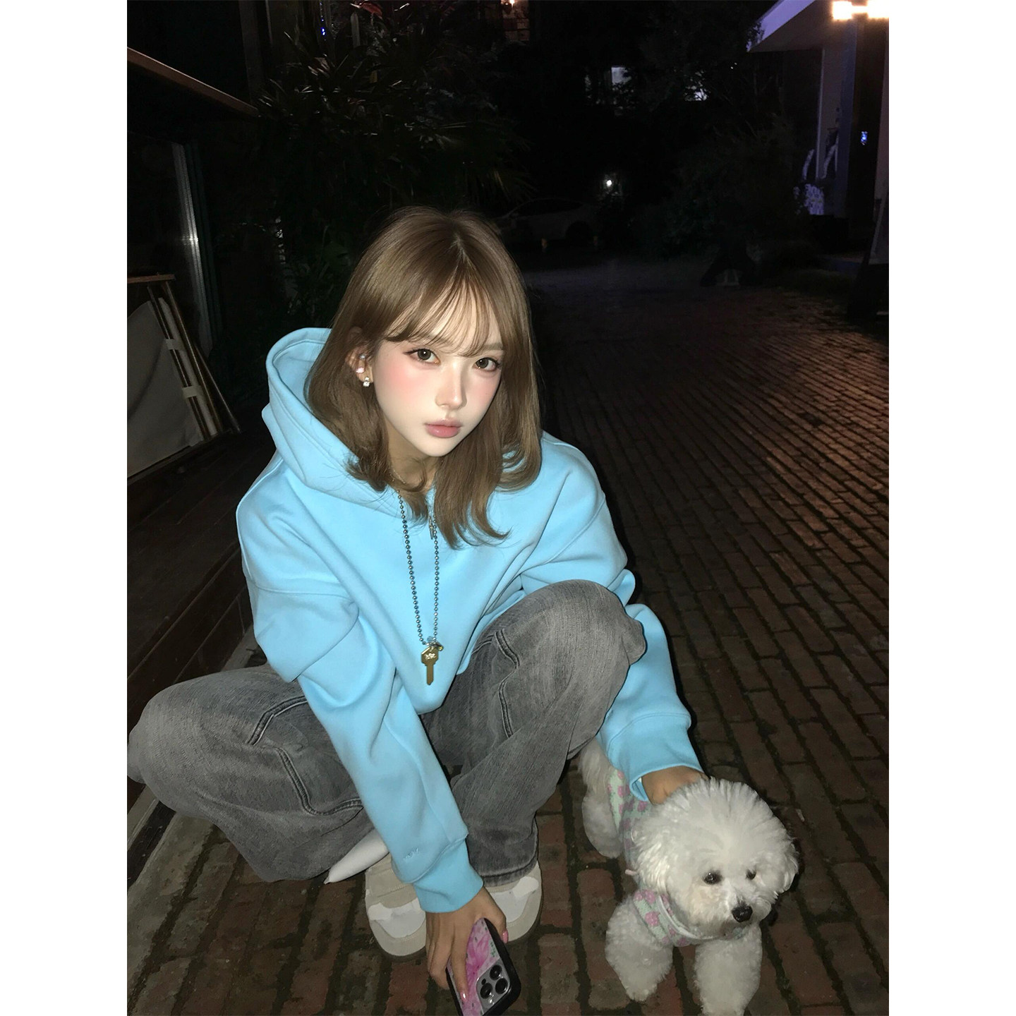 湖蓝色加绒连帽套头卫衣女秋冬2026新款美式休闲宽松慵懒百搭外套