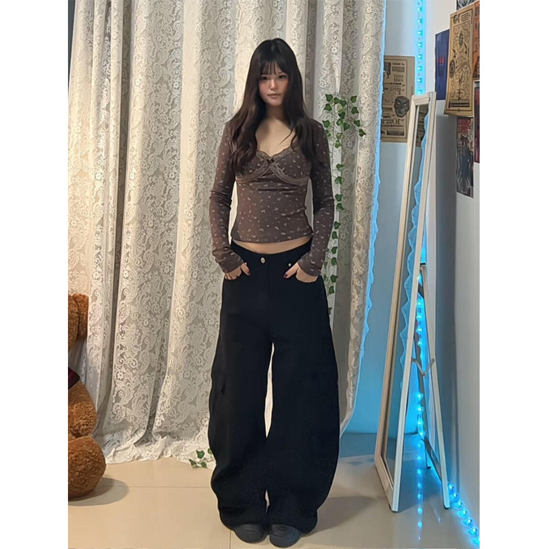 美式复古辣妹蕾丝花边打底衫女秋冬内搭低V领碎花长袖t恤修身上衣