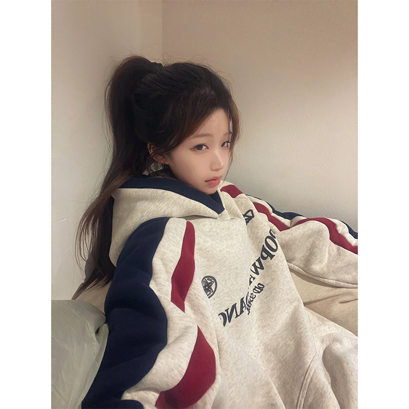 高级感超好看撞色卫衣女秋冬加绒