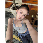 假两件格子挂脖吊带背心女夏外穿比基尼复古撞色修身 内搭短款 上衣