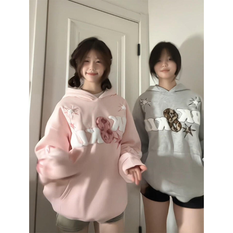 美式复古豹纹星星贴布连帽卫衣女秋冬新款设计感小众宽松情侣外套,女装/女士精品,卫衣/绒衫,淘宝优惠券,粉丝福利购,淘宝优惠卷