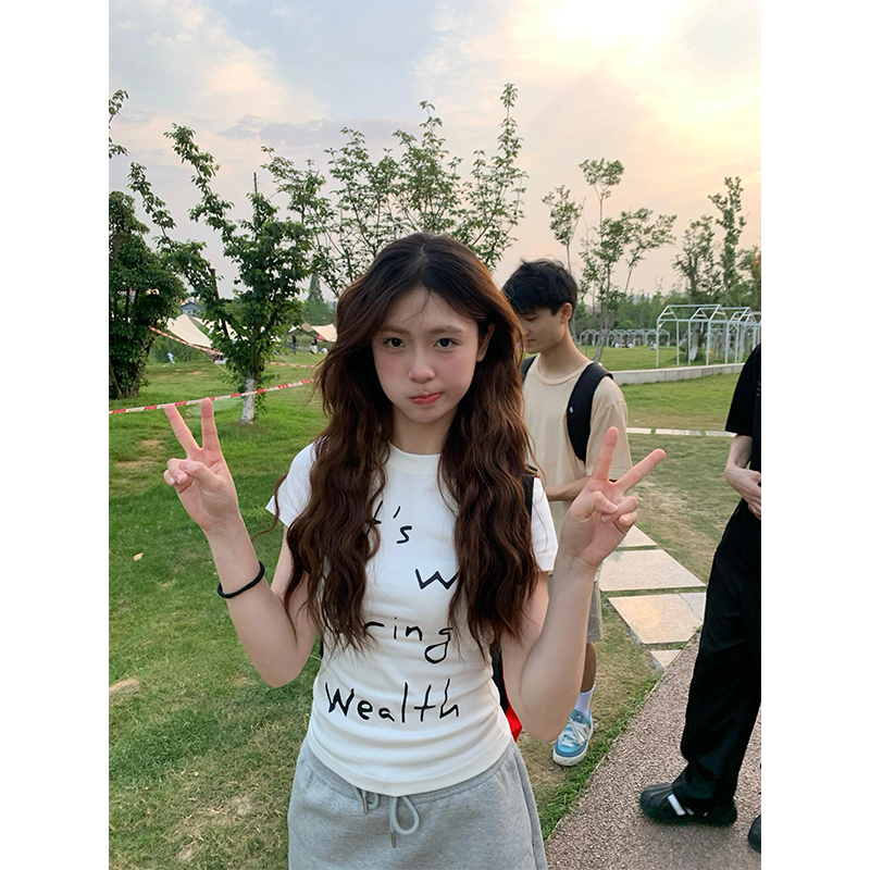 美式复古辣妹正肩短袖白色t恤女