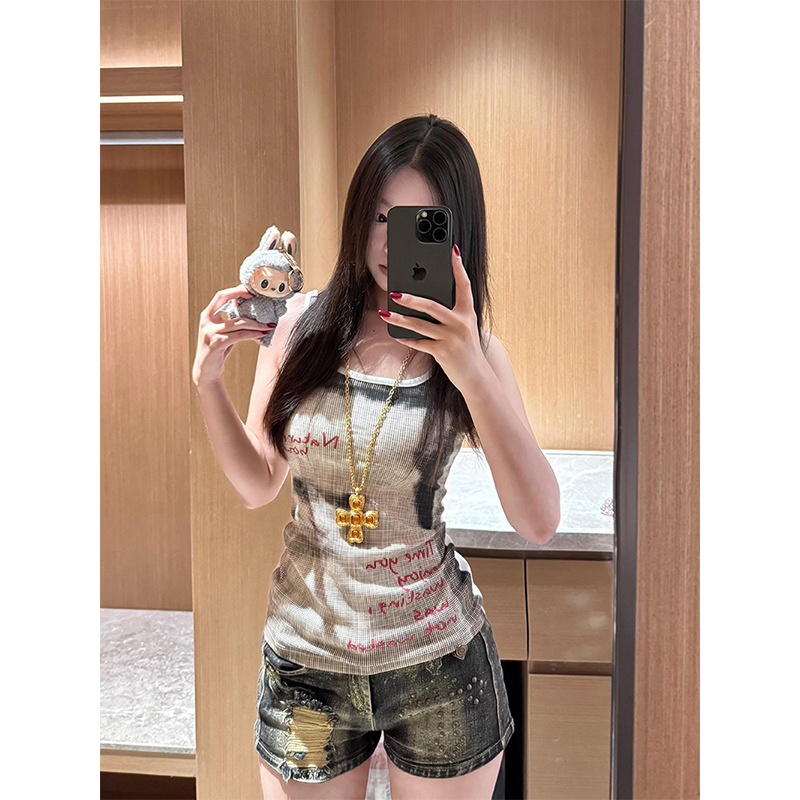 美式复古色彩半调猫猫印花吊带背心女夏季辣妹风修身显瘦外穿上衣