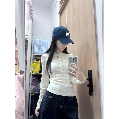 白色亨利衫正肩长袖t恤女秋冬季