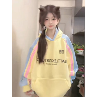 高街拼色插肩连帽卫衣女秋冬加绒加厚oversize潮牌慵懒风外套 美式