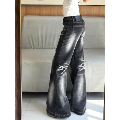 美式高街黑灰色微喇牛仔裤女秋冬