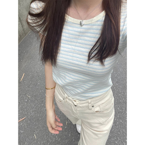 美式复古小众短袖条纹t恤女夏季