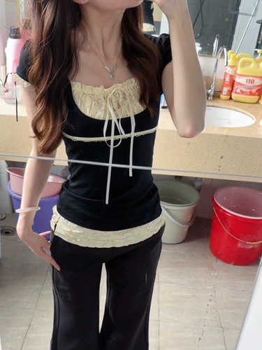 Комплект, летняя приталенная кружевная короткая футболка с коротким рукавом, цветочный принт