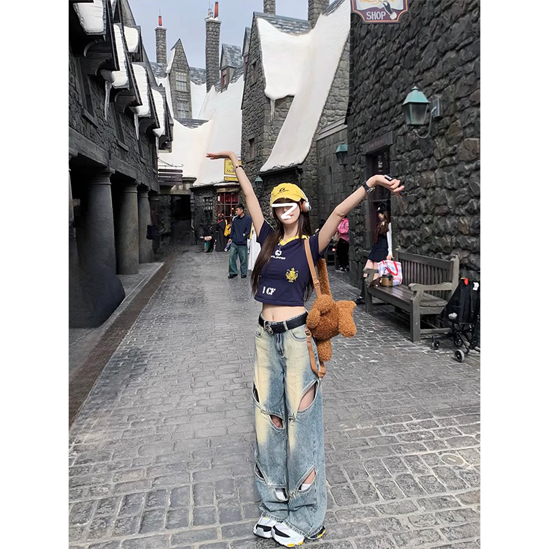 美式复古撞色v领正肩短袖t恤女夏