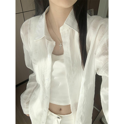 韩系白色薄款长袖衬衫女夏高级感