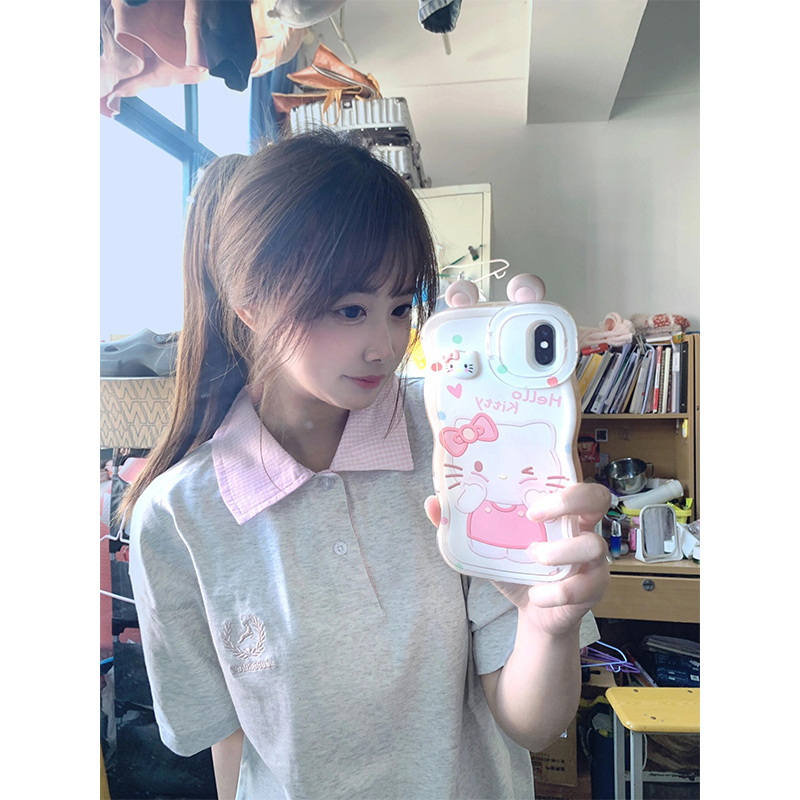 学院风撞色格子polo衫短袖t恤女