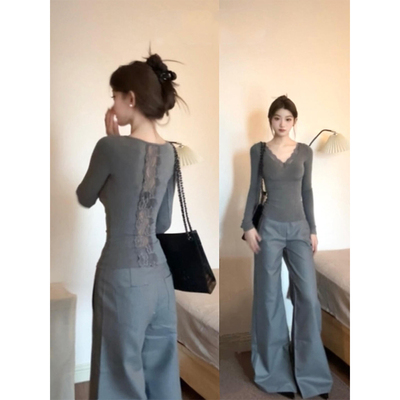 蕾丝边v领磨毛打底衫女秋冬设计