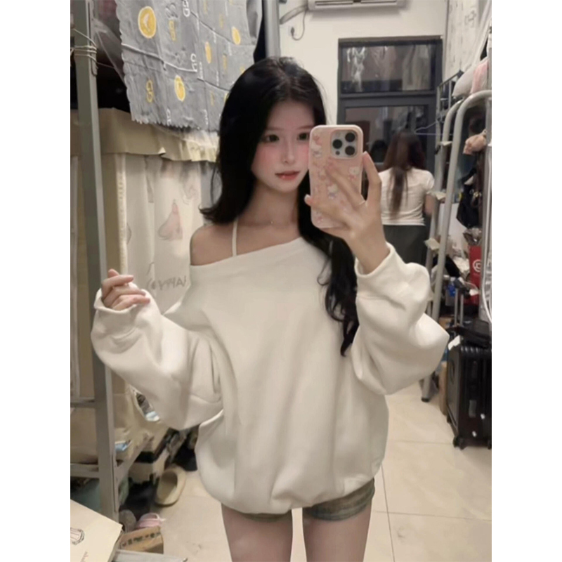 韩系chic慵懒风白色斜肩卫衣女秋