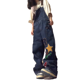 国潮牌美式复古牛仔背带裤女夏季高腰小个子直筒宽松阔腿拖地长裤