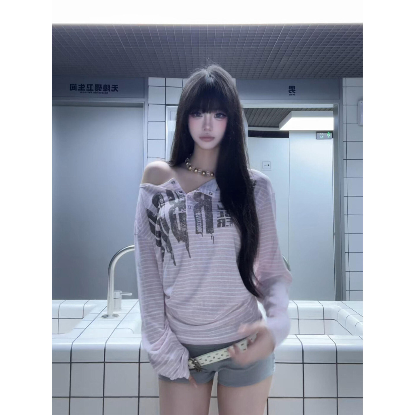 美式斜肩条纹半开领长袖t恤女图片
