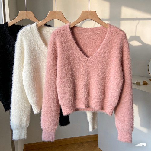 2025秋冬新款韩版时尚百搭显瘦V领针织衫女纯色毛衣打底上衣