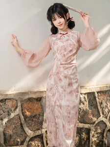 新中式国风改良少女旗袍2024秋夏新款法式高级感粉色碎花连衣裙
