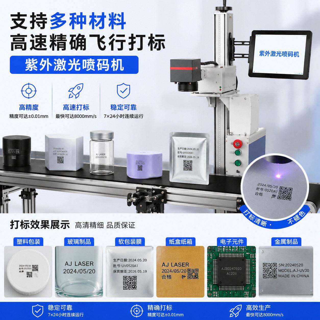 激光打码喷码机生产日期线缆塑料袋纸盒包装流水线打标机精度