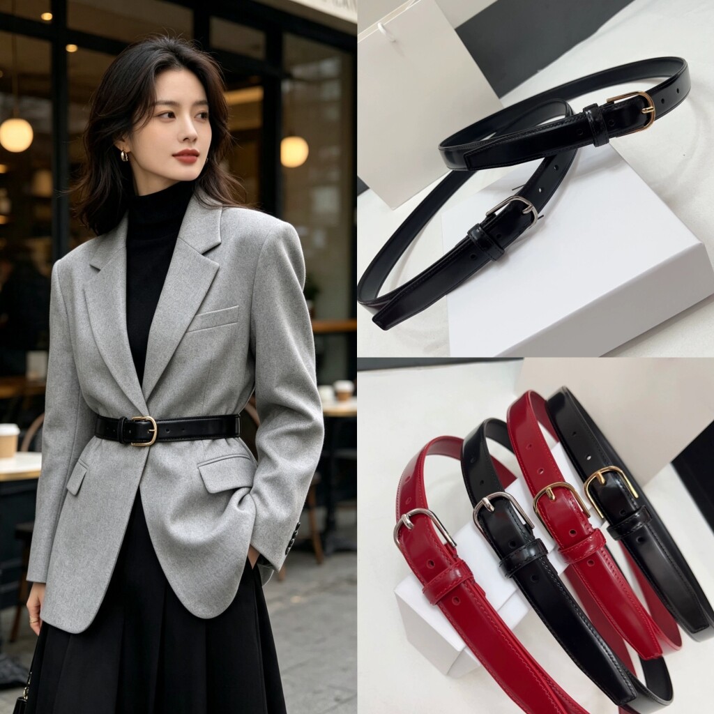 细皮带女亮面漆皮针扣黑色酒红色西装连衣裙风衣装饰收腰简约腰带