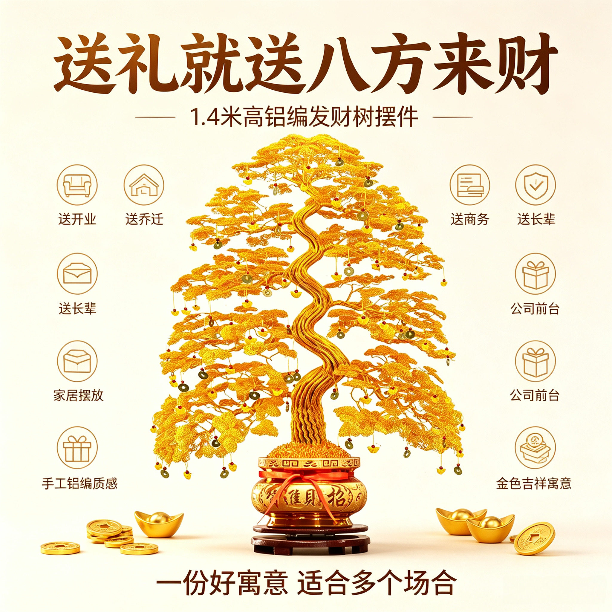 成品中式招财树发财树铜钱铝线纯手工编织乔迁开业送礼摇钱树摆件