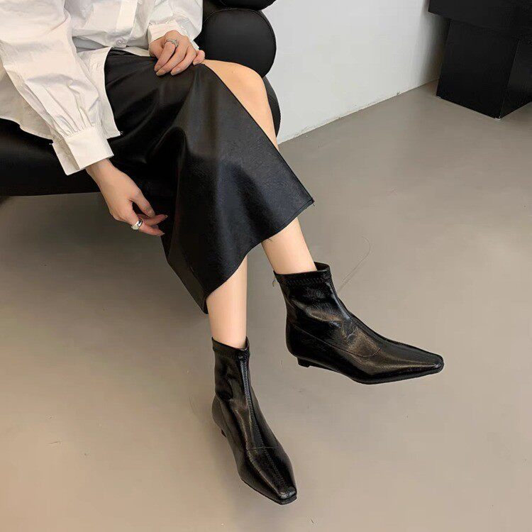 法式低跟短靴女2024新款靴子秋冬季女靴小方头短筒靴设计感瘦瘦靴