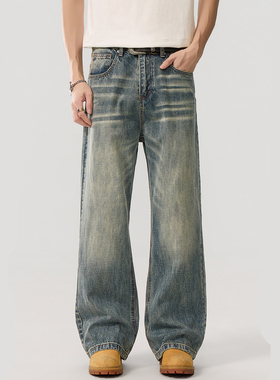 美式cleanfit复古做旧水洗牛仔裤男宽松直筒通勤长裤子
