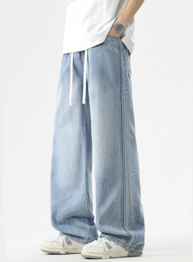 ∣条纹莱赛尔宽松天丝侧边折位Ar阔腿牛仔裤iess水洗长裤凉感男