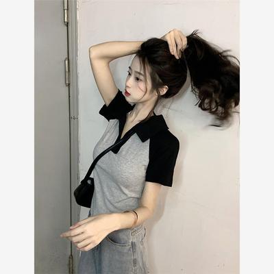 polo领正肩短袖t恤女装夏