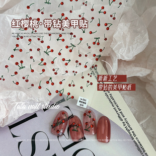 晶钻美甲贴纸日系可爱指甲贴美甲红色樱桃立体水钻背带胶贴纸