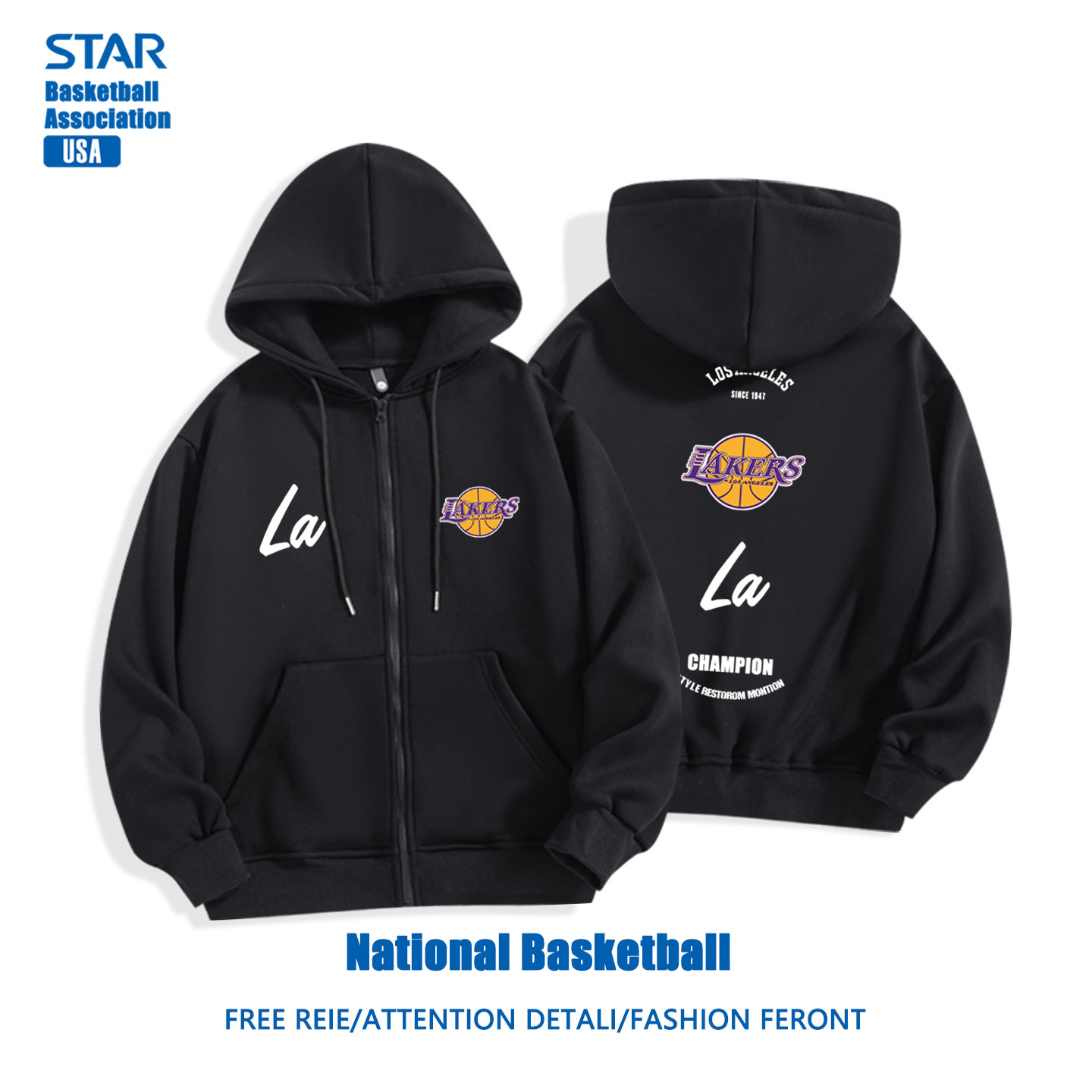 美式潮牌篮球湖人拉链卫衣外套