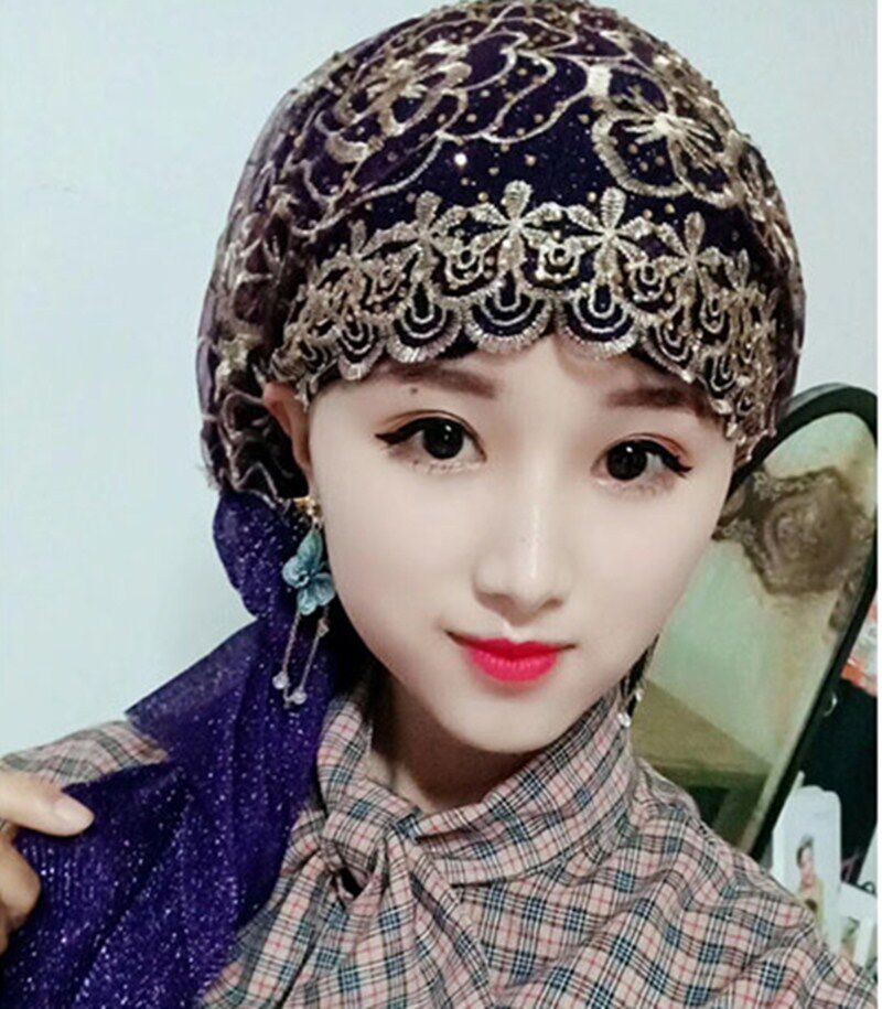春夏穆斯头巾女士纱巾新款蕾丝钉珠ins套头方便盖头防晒帽