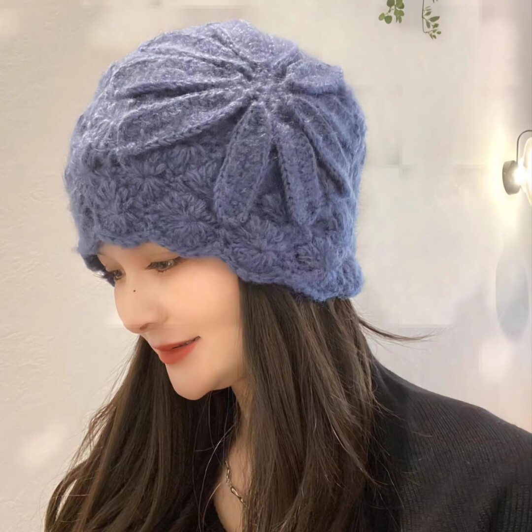 手工钩花帽子女包头帽毛线帽秋冬时尚保暖瓜皮帽镂空针织遮白发帽