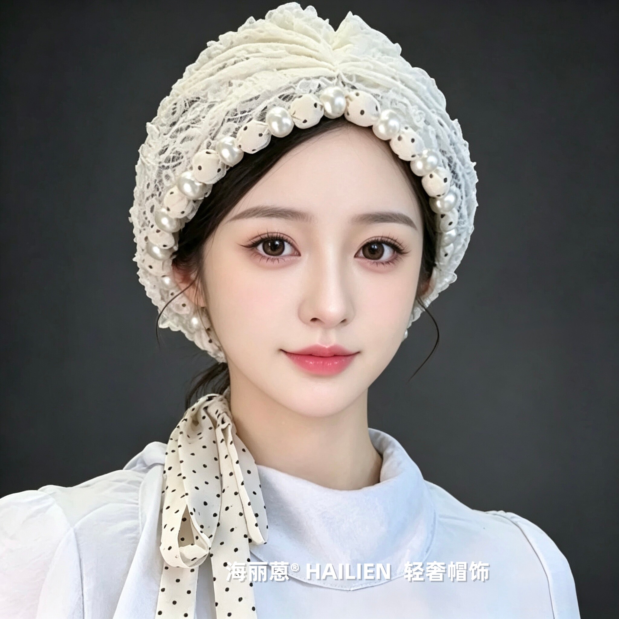 蕾丝珍珠包头镂空透气头帽女