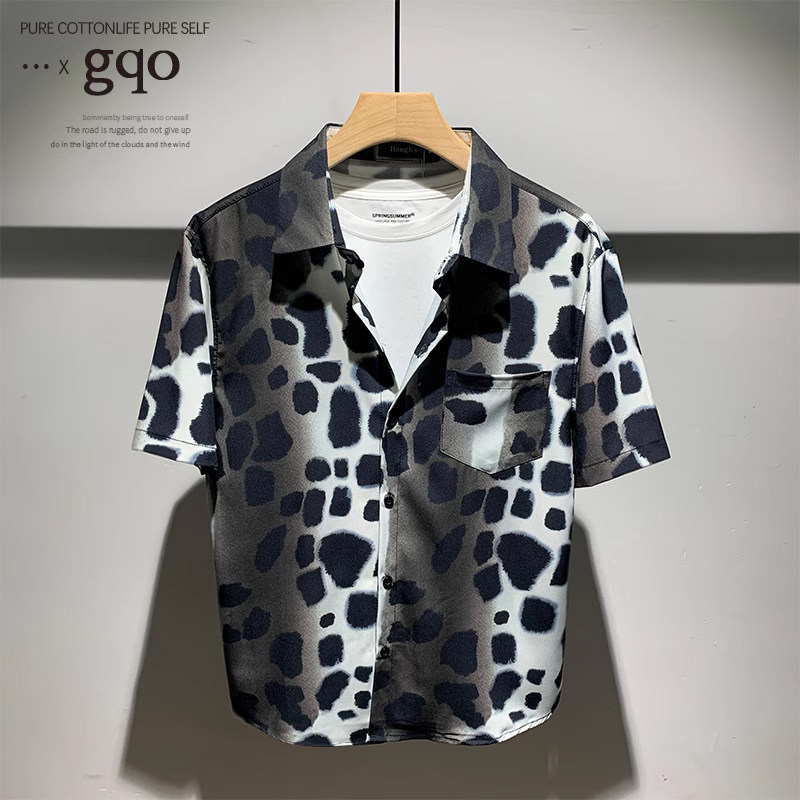 GQO 한국 트렌디 브랜드 틈새 디자인 레오파드 프린트 셔츠 남성용 잘 생긴 하이 엔드 여름 가볍고 캐주얼 탑